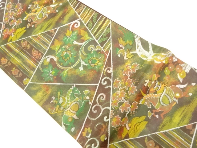 切り嵌め風狩猟に花更紗模様織出し袋帯